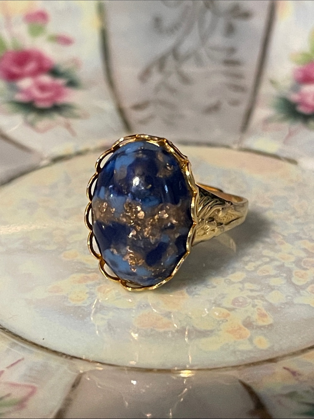 Vintage Blue & Gold-Flecked Art Glass Adjustable Cocktail Ring